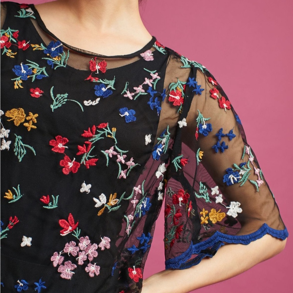 Anthropologie Maeve Embroidered Mesh Blouse Black Motif | Size M